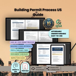 May include: An image promoting a "Building Permit Process US Guide" with text on multiple screens and a tablet. The guide promises to be affordable, understandable, and easy-to-use. Additional text includes "Step-by-step permit process" and "Instant Download."