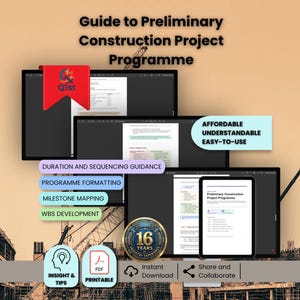 May include: A digital guide titled "Guide to Preliminary Construction Project Programme" is displayed on multiple screens and a tablet. The image includes text such as "Duration and Sequencing Guidance" and "Affordable, Understandable, Easy-to-Use."