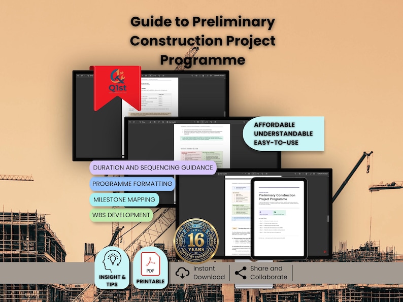 May include: A digital guide titled "Guide to Preliminary Construction Project Programme" is displayed on multiple screens and a tablet. The image includes text such as "Duration and Sequencing Guidance" and "Affordable, Understandable, Easy-to-Use."
