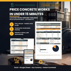 May include: A digital concrete works estimate calculator displayed on a laptop, tablet, and printed document. The text reads Price Concrete Works In Under 15 Minutes, 10 Divisions 1 Calculator, and 55 pre-priced line items CSI Division 03.