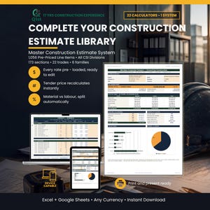 Puede incluir: Un sistema digital de estimación de construcción en una computadora portátil, una tableta y un documento impreso. El texto dice Complete Your Construction Estimate Library, 1,056 Pre-Priced Line Items, 22 Calculators, 1 System.