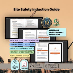 Puede incluir: Guía de inducción de seguridad en el sitio digital que se muestra en múltiples pantallas, incluida una tableta. La guía presenta secciones como 'Formulario de firma y reconocimiento' y 'Cobertura completa de inducción'. Incluye una insignia de '16 años de experiencia en la industria'.