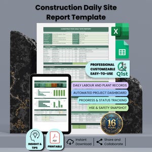 Puede incluir: Una plantilla digital de informe diario de obra con diseño de hoja de cálculo y encabezados verdes, un panel de control de proyecto automatizado en una tableta e iconos para formatos Excel, PDF e imprimibles para el seguimiento de proyectos.