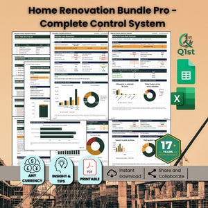 May include: Home Renovation Bundle Pro Complete Control System digital document set featuring spreadsheets, charts, and financial tracking tables for construction projects. Includes icons for currency, insights, PDF printing, and collaboration tools.