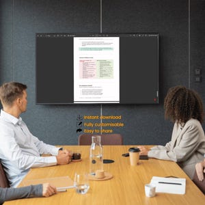 May include: A meeting room scene with a large screen displaying a document. Four people are seated around a wooden table, with a water bottle and coffee cups visible. Text on the screen reads "Instant download, Fully customisable, Easy to share."