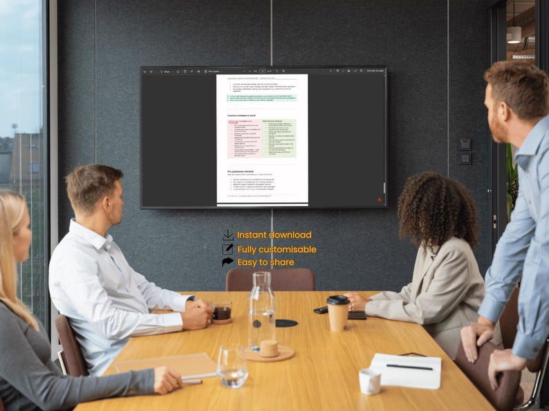 May include: A meeting room scene with a large screen displaying a document. Four people are seated around a wooden table, with a water bottle and coffee cups visible. Text on the screen reads "Instant download, Fully customisable, Easy to share."