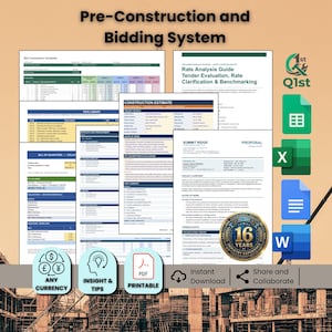 May include: A digital Pre-Construction and Bidding System document set featuring a Rate Analysis Guide, construction estimates, and bills of quantities. Includes icons for Google Sheets, Excel, Docs, and Word, plus a 16-year experience gold seal.