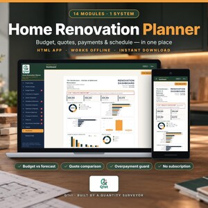 Puede incluir: Un planificador de renovación de viviendas digital en una pantalla de portátil y smartphone. La interfaz muestra un panel de control con gráficos financieros, seguimiento de presupuesto y cronogramas. Texto: 14 Modules, 1 System, Q1st.