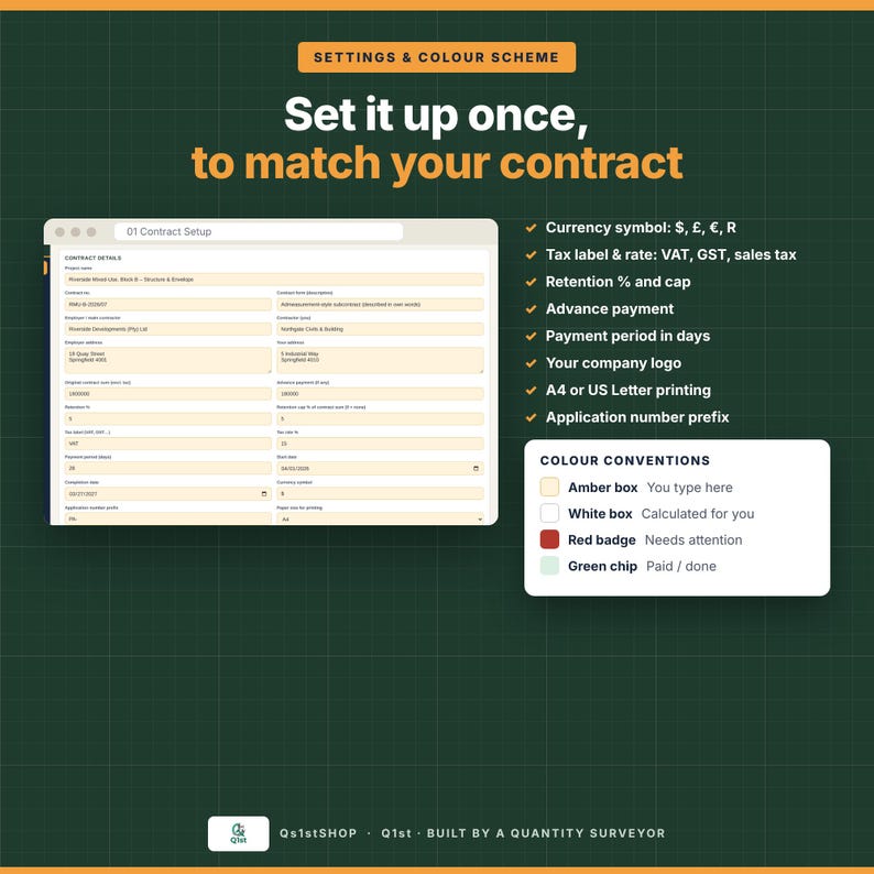 May include: A digital interface for contract setup on a dark green grid background. The text reads: Set it up once, to match your contract. It lists settings like currency symbols, tax rates, and retention percentages, with a color legend for input boxes.