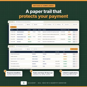 May include: A digital interface display titled Notices & Compliance featuring two tables for correspondence and documents. Text includes A paper trail that protects your payment, Response deadlines, Expiry warnings 30 days out, and Linked to applications.