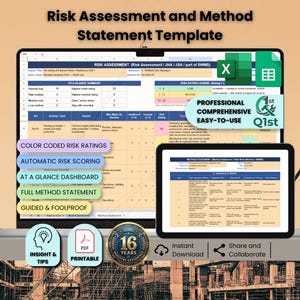 May include: A digital Risk Assessment and Method Statement template displayed on a laptop and tablet screen. The spreadsheet features color-coded risk ratings, automatic scoring, and a dashboard. Includes icons for Excel, Google Sheets, PDF, and 16 years experience.