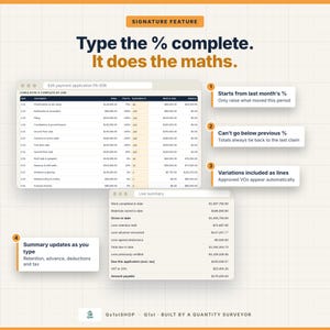 May include: A digital interface showing a construction payment application table with columns for item descriptions, values, percentages, and balances. Text includes Signature Feature, Type the % complete. It does the maths, and numbered callouts explaining automated calculation functions for cumulative progress tracking.