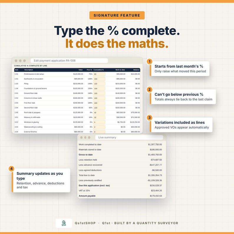 May include: A digital interface showing a construction payment application table with columns for item descriptions, values, percentages, and balances. Text includes Signature Feature, Type the % complete. It does the maths, and numbered callouts explaining automated calculation functions for cumulative progress tracking.