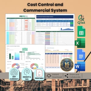 Puede incluir: Una plantilla digital de sistema comercial y de control de costes con múltiples hojas de cálculo, gráficos y diagramas para el seguimiento de presupuestos. Incluye iconos de Google Sheets, Excel, Docs, Word y una insignia de 16 años.