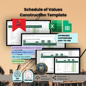 Può includere: Un modello di costruzione digitale intitolato "Schedule of Values" è visualizzato su più schermi, tra cui un laptop e un tablet. L'immagine include il testo "Automated Schedule of Values", "AIA Billing Form Layout" e "Easy-to-Use". Il modello è progettato per uso professionale.