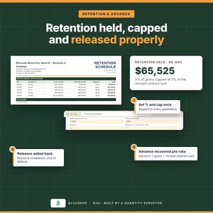 May include: An infographic titled Retention & Advance featuring a retention schedule table, a contract setup form, and three numbered callout boxes explaining retention and advance recovery processes on a dark green grid background.