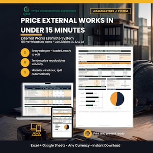 Op de afbeelding: Een digitaal bouwkostensysteem met een laptop, tablet en een geprint document met financiële gegevens, grafieken en tabellen. De tekst luidt Price External Works in Under 15 Minutes, 155 Pre-Priced Line Items en CSI Divisions 31, 32 & 33.
