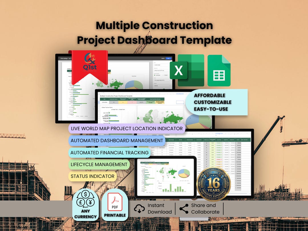 Construction Project Management Excel Template With World Map Dashboard ...