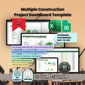 May include: A digital project dashboard template for construction projects. The image shows multiple screens displaying data, charts, and graphs. Text includes "Multiple Construction Project Dashboard Template", "Live World Map Project Location Indicator", and "Automated Dashboard Management".