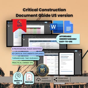 Puede incluir: Anuncio de una guía de documentos de construcción, con múltiples pantallas y una tableta que muestra el contenido de la guía. El texto incluye "Critical Construction Document Guide US version", "Asequible, comprensible, fácil de usar".