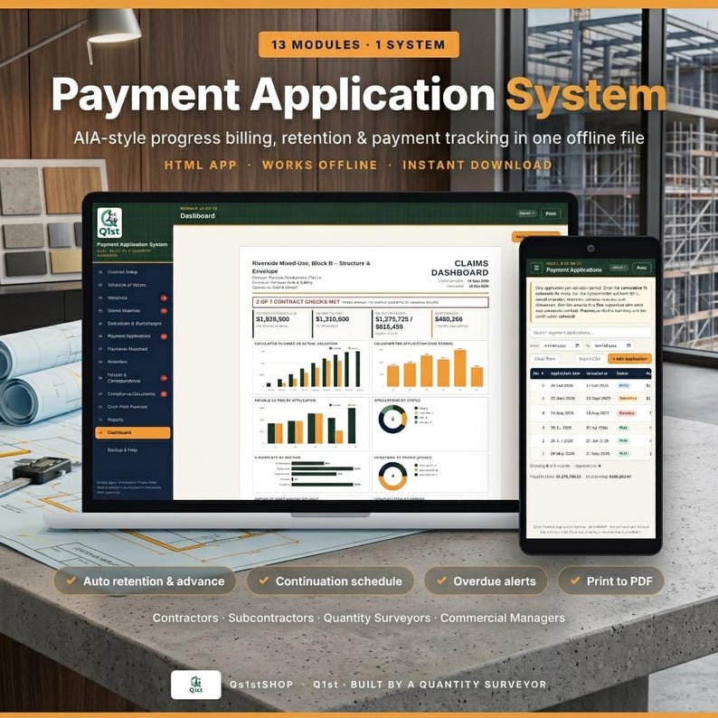 May include: A digital Payment Application System displayed on a laptop and smartphone screen. The interface shows a claims dashboard with bar charts, financial data, and contract tracking modules for construction project billing.