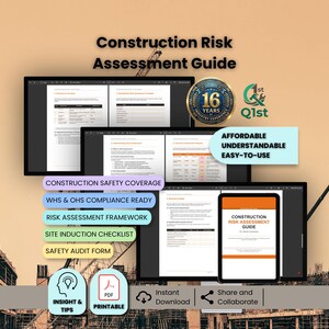 Puede incluir: Pantallas digitales que muestran una "Guía de evaluación de riesgos de construcción" con texto como "Cobertura de seguridad de la construcción". La imagen incluye una tableta, una insignia e iconos para PDF y descarga instantánea.
