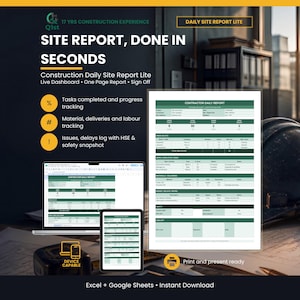 May include: A digital construction daily site report template for Excel and Google Sheets. The document features sections for task progress, material and labor tracking, and safety logs. It is displayed on a laptop and tablet screen.
