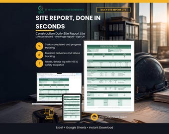 May include: A digital construction daily site report template for Excel and Google Sheets. The document features sections for task progress, material and labor tracking, and safety logs. It is displayed on a laptop and tablet screen.