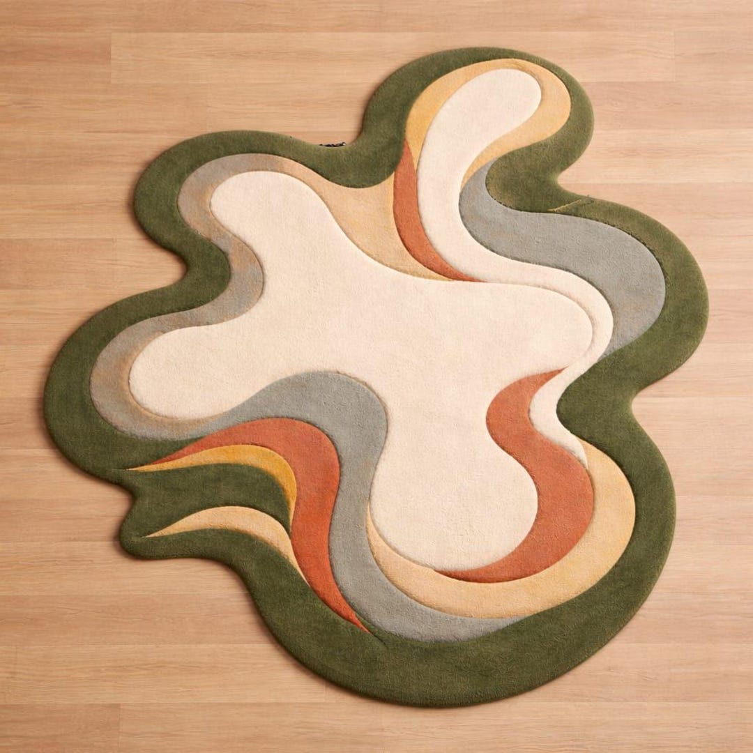 Irregular Abstract Area Rug Abstract Irregular Shape Rug, Modern Organic Tufted Carpet, Green Beige ...