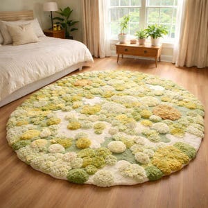 Round Floral Tufted Wool Rug: Cream, Green, Yellow Boho Handmade tafted Carpet