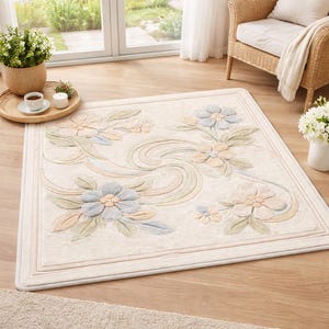 Hand Tufted Wool Floral Area Rug: Luxury Cream Pastel handmade tafted Carpet