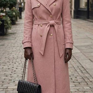 Pink Wool Trench Coat, Women's Long Belted Double-Breasted Overcoat, Classic Chic Outerwear