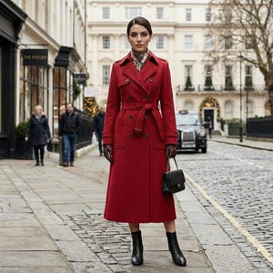 May include: A woman wearing a long, red coat with a matching belt, black boots, and gloves stands on a cobblestone street. She carries a small black purse. The coat has a double-breasted design. The background includes buildings and a black taxi.