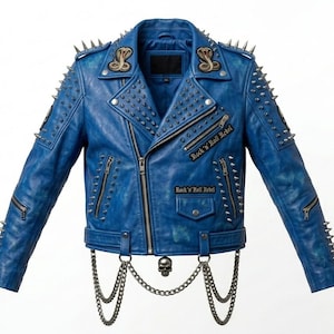 May include: A blue leather jacket with silver spikes and studs. The jacket features a zipper closure, multiple pockets, and patches that read "Rock 'N Roll Rebel." A silver chain with a skull pendant hangs from the waist.