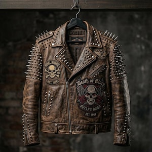 May include: Brown leather jacket with silver spikes and studs. Features patches with skull and crossbones and the text "Death or Glory" and "Outlaw Riders". The jacket is hanging on a black hanger against a dark background.