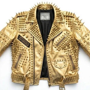 Herren Gold Nieten Spike Lederjacke - Punk Rock Gothic Biker Moto Statement Mantel