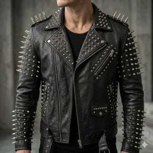 Schwarze Spike-Lederjacke für Herren - Punk Rock Biker Moto Statement-Mantel
