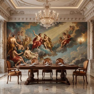 May include: A formal dining room featuring a large rectangular wooden table with six upholstered chairs, set against a wall-sized mural depicting figures in classical robes amidst clouds, illuminated by a crystal chandelier and wall sconces.