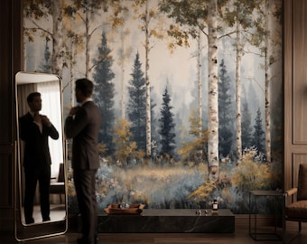 Birch Forest Wallpaper Mural | Autumn Woodland | Soft Neutral Scenic Landscape | Peel and Stick Nature