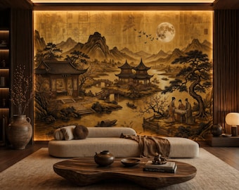 Golden Chinoiserie Landscape Wall Mural | Asian Pagoda Scene Wallpaper | Vintage Oriental Luxury Peel Stick
