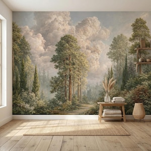 Pastoral Landscape Wall Mural | Cloud Forest Scenic Wallpaper | Peel and Stick