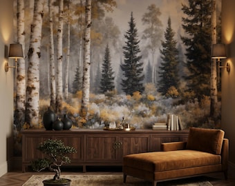 Scenic Birch Forest Mural | Misty Woodland Landscape Wallpaper | Peel and Stick Nature Decor