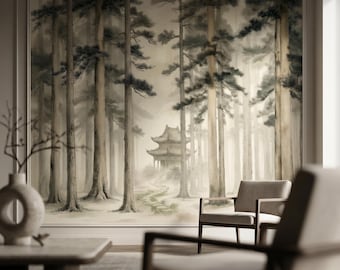 Zen Forest Wall Mural | Japanese Pine Tree Landscape Wallpaper | Chinoiserie Pagoda Scenic | Neutral Japandi Luxury Decor