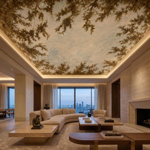 May include: A living room featuring a ceiling mural of tree branches against a pale blue sky, a curved beige sofa, two light-colored stone coffee tables, a dark wooden table with books, and a fireplace, with a city skyline visible through windows.