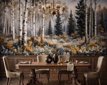 Scenic Birch Forest Mural | Misty Woodland Landscape Wallpaper | Peel and Stick Nature Decor