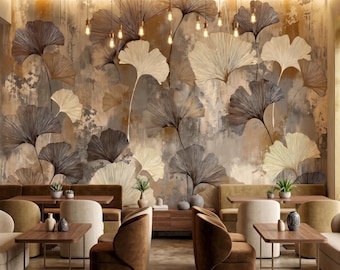 Ginkgo Leaf Peel and Stick Wallpaper | Art Deco Botanical Wall Mural