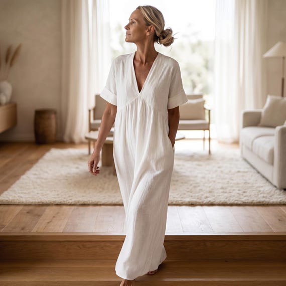 Minimalist Maxi Dress | Quiet Luxury V-Neck Summer Dress | Loose Fit Resort Wear with Pockets