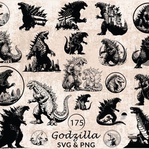 Può includere: Una collezione di grafiche SVG e PNG a tema Godzilla. Le immagini presentano varie rappresentazioni di Godzilla in bianco e nero, tra cui silhouette e illustrazioni dettagliate. È presente anche il testo "Godzilla SVG & PNG".