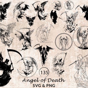 May include: A collection of black and white illustrations of the Angel of Death, each depicted with wings and a scythe. The images vary in style, some detailed and others more silhouette-like. The text "Angel of Death SVG & PNG" is also present.