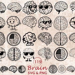 May include: A collection of black and white brain illustrations in various styles. Some brains have sunglasses, flowers, or American flag designs. The image includes the text "Brain SVG & PNG" and the number "119".